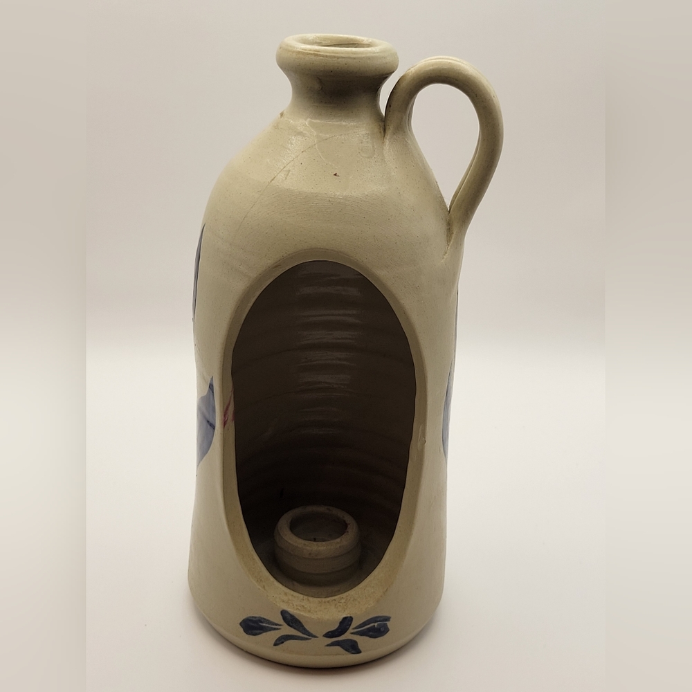 Williamsburg Pottery Salt Glaze Cobalt Blue Gray Leaf Colonial Jug Candle Holder